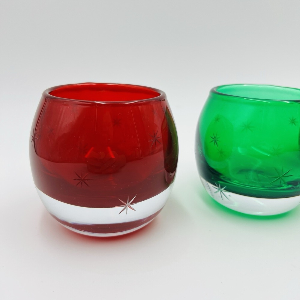 Votive Holder Set Etched Starburst Red‎ Green Glass Hand Blown Poland Christmas - Picture 4 of 10